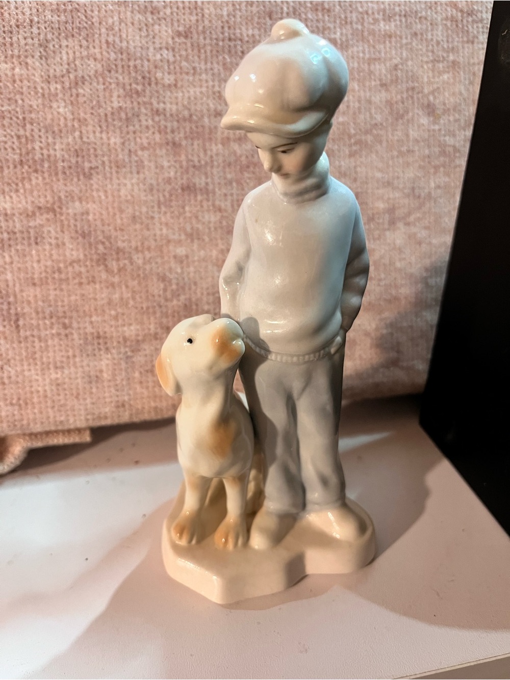 Vintage Porcelain Boy with Dog Figurine - White and Cream
